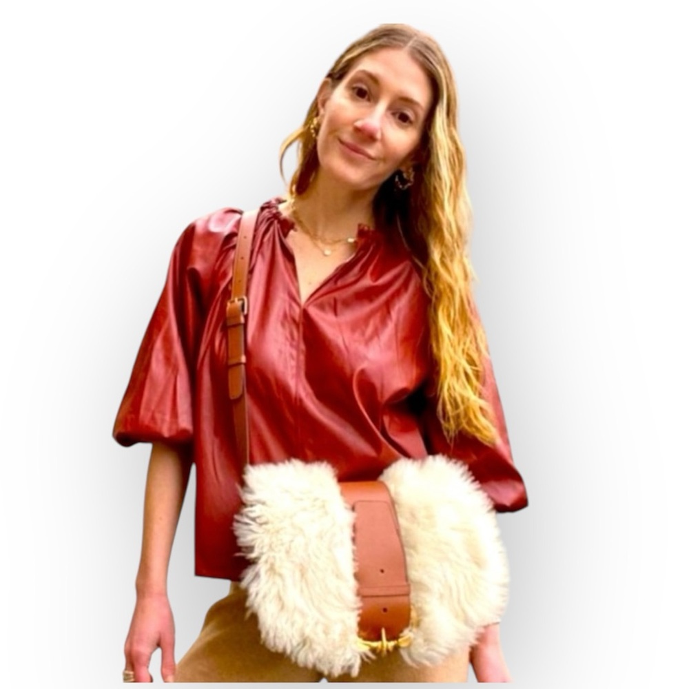 Who What Wear Fired Brick Faux Leather Top  3/4 Ballon Sleeves Sz M NWT